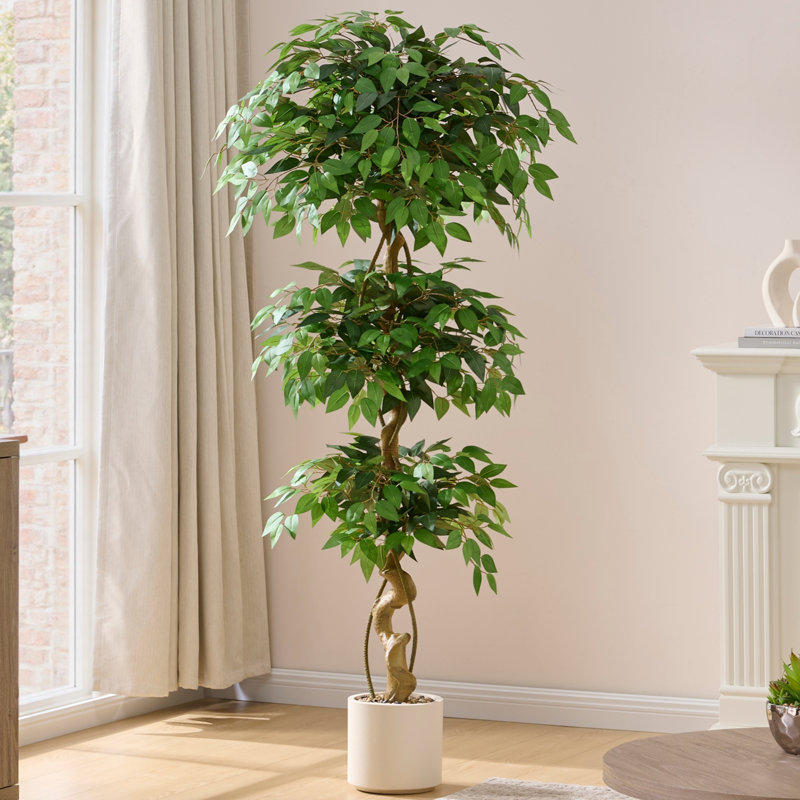 Artificial Ficus Tree 5ft/6ft – Faux Topiary with Twisted Trunk, Multi-Layer Spherical Canopy, Lifelike Silk Leaves & White Pot for Indoor Home Office Living Room Décor