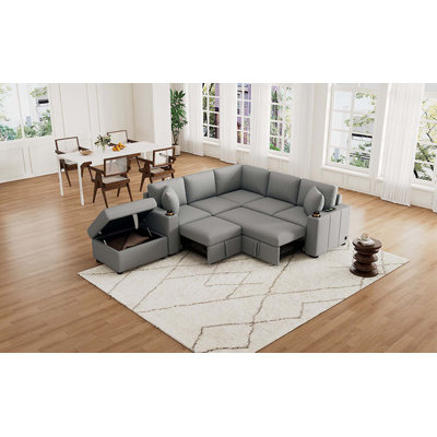 84.7" Sectional Sofa Convertible Pull-out Sofa Bed L-shaped Sofa U-shaped Sofa with a Movable Storage Ottoman for Living Room