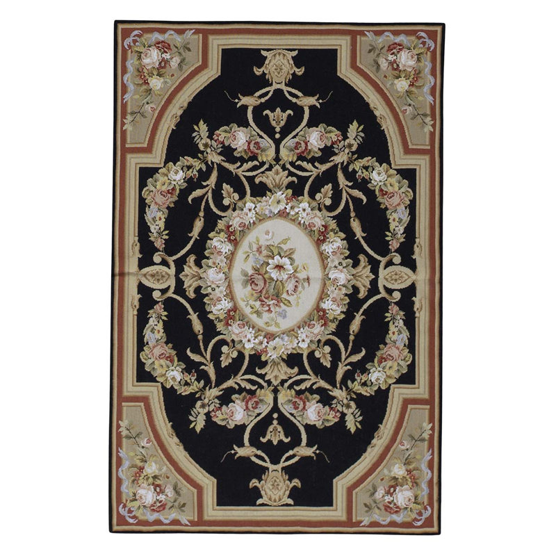 Tapis noir / rouille / or / vert noué à la main de haute qualité