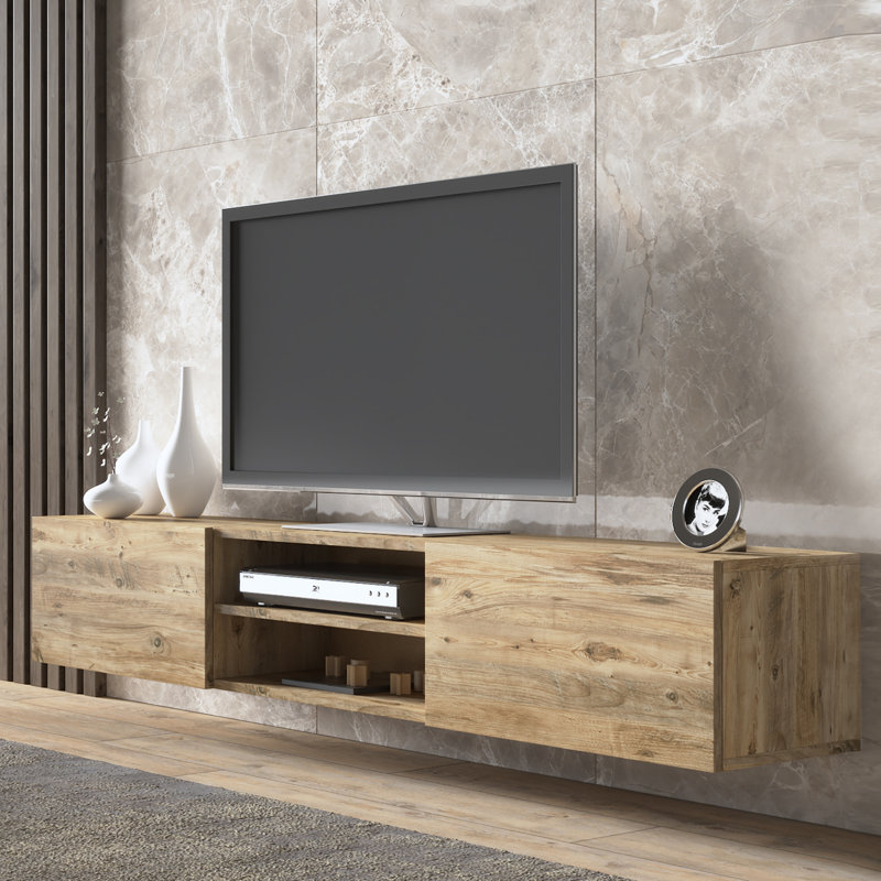 Meuble télé flottant Desmone pour téléviseur de 80 po ou moins, console média murale avec rangement, finition bois brun chêne