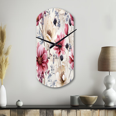 Pink And Beige Wildflower Paradise - Floral Cylinder Metal Wall Clock, Cottage Asymmetrical Wall Clock Print