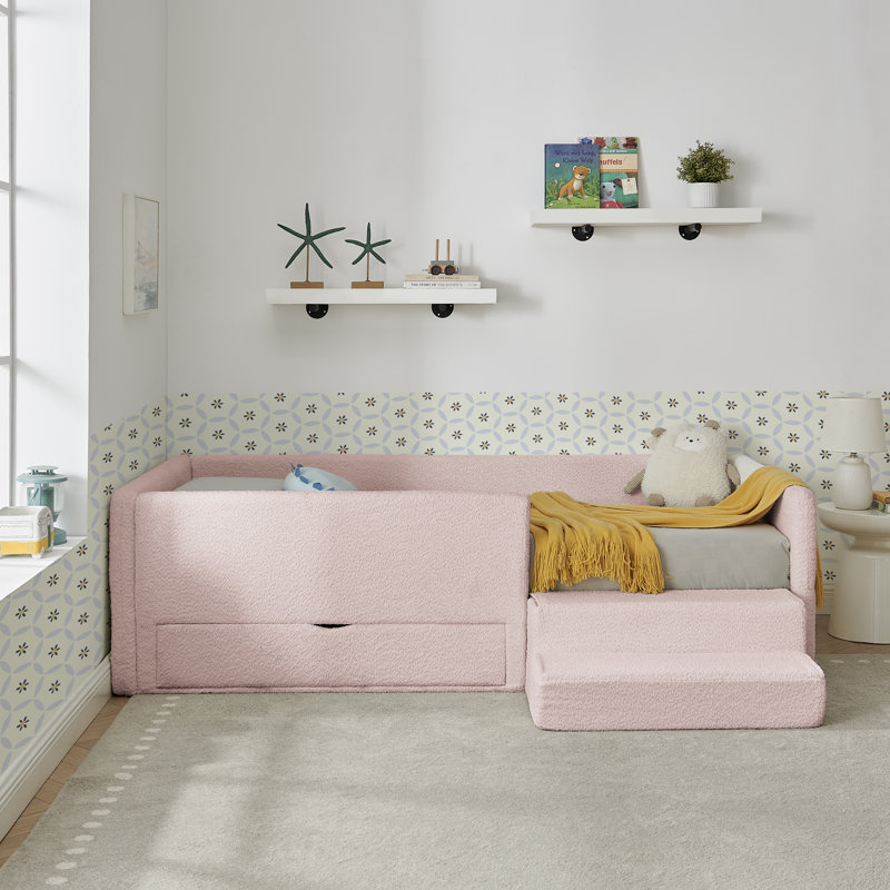Twin Size Safe Cozy Multi-Functional Kids Bed With Guardrails And Storage, Bed With Safety Step Stool, Boucle Fabric, Pink