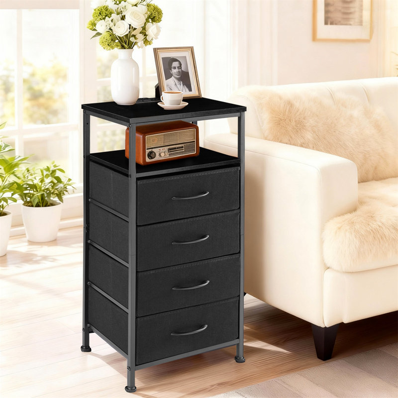 Night Stand With Charging Station, Tall Nightstand With USB Ports And Outlets, 4 Fabric Storage Drawers, Small Dresser Bed Side Table
