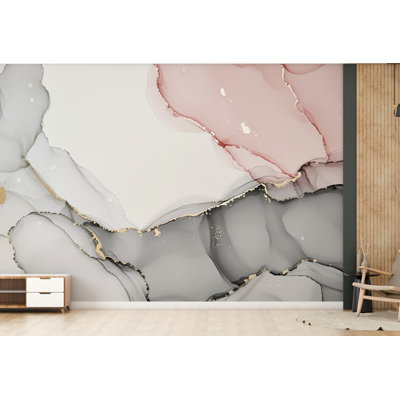 Murale d'art abstrait à l'encre abstraite - Motif d'aquarelle élégant avec détails dorés amovibles
