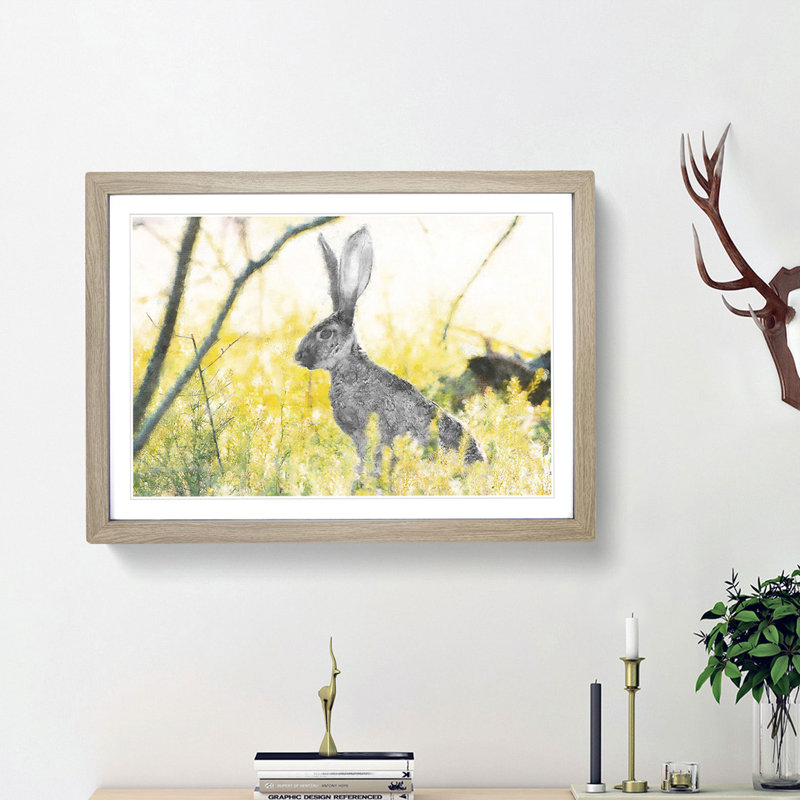 Alert Hare In The Meadow Framed Print, 62cm H x 87cm W x 2cm D, Oak Framed
