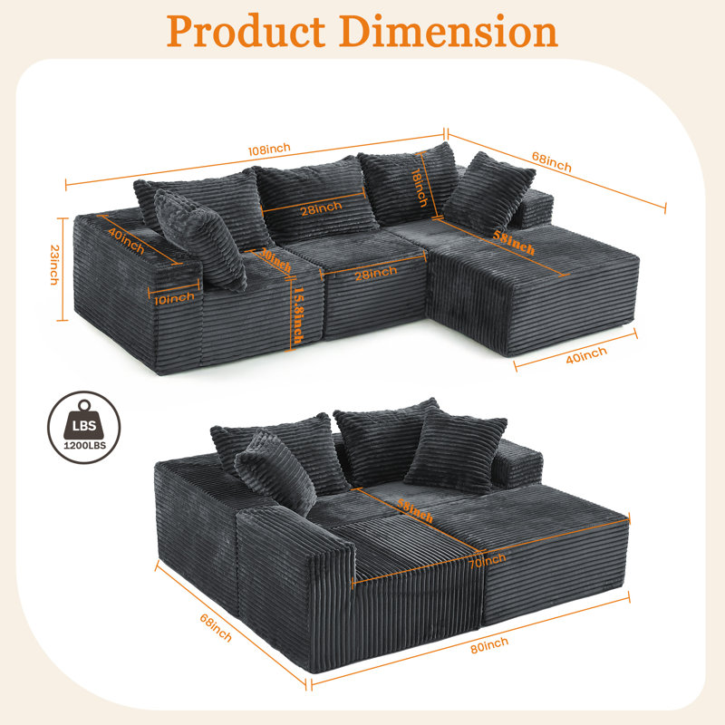 Canapé modulaire réversible désossé de l 108 po sans assemblage requis, Gris