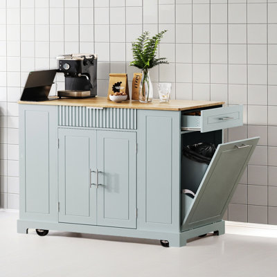 Îlot de cuisine cannelé avec armoire de rangement pour poubelle, prise de courant, support de rangement interne, îlots de cuisine roulants sur 5 roues avec 3 tiroirs, 3 supports latéraux ouverts pour poubelle de 10 gallons