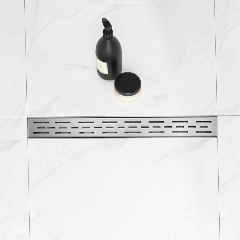 24 Inches Linear Shower Drain With Removable Bar Pattern Grate,Linear Drain With Hair Strainer And Leveling Feet,Stainless Steel,Brushed Nickel