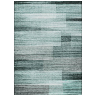 Machine Washable Indoor/Outdoor Xhevrie Teal Rug