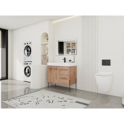 Lavabo en résine blanche et meuble-lavabo à porte à fermeture en douceur de 36 po en contreplaqué - Optimisez le concept de votre salle de bain avec lavabo, charnières et rangement spacieux