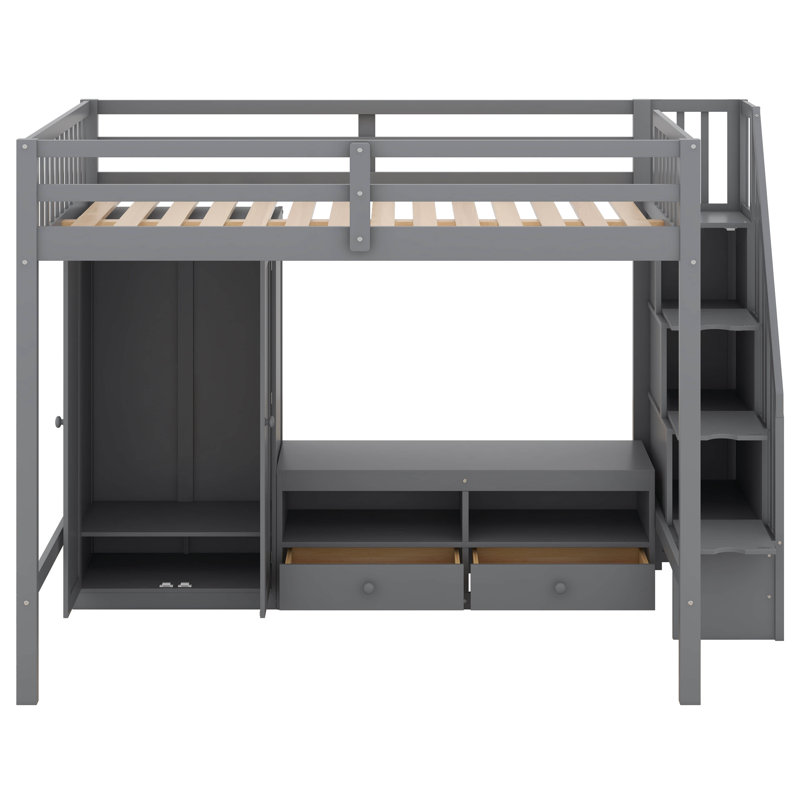 Full Size Loft Bed Frame With Wardrobe,Low Storage Table And Storage Staircase, Gray