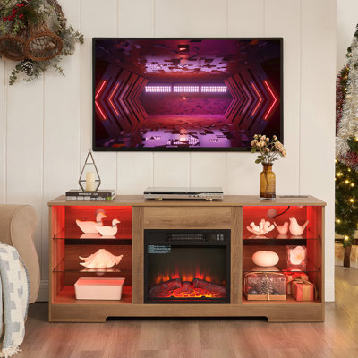 Meuble télé Meuble télé avec foyer et tablettes en verre, foyer 3D avec lumières DEL en bois et prise de charge USB