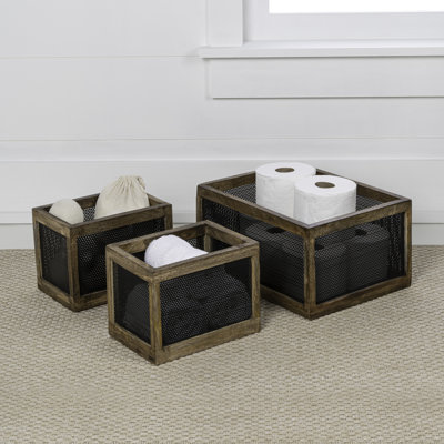 Fallon Modern Minimalist Handmade Wooden Metal Nesting Storage Baskets (Set of 3)