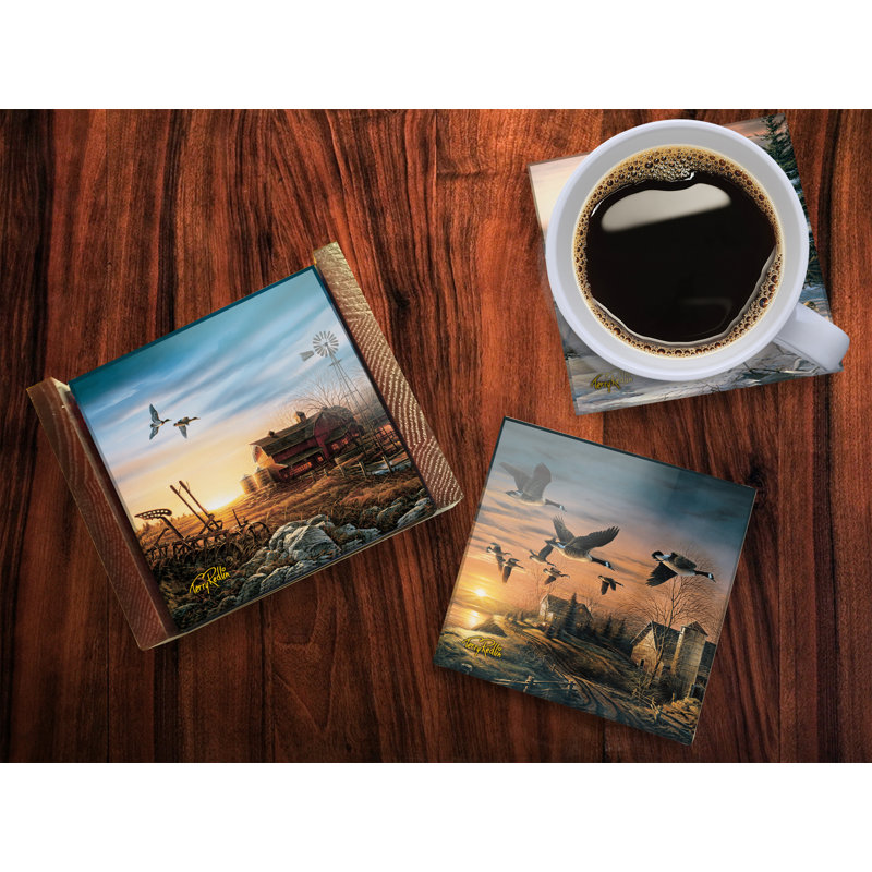 (Symboles) Ensemble de sous-verres en verre Starfire, Ailes sauvages / couchers de soleil et oiseaux