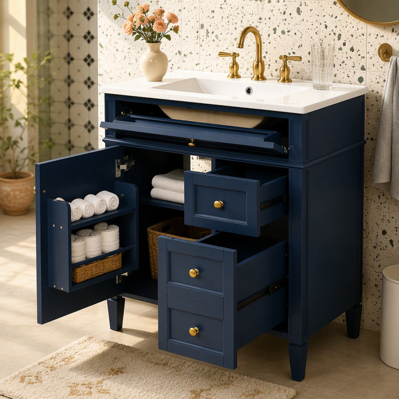 Meuble-lavabo de salle de bain 30 po avec lavabo supérieur, meuble-lavabo moderne avec 2 tiroirs et tiroir basculant, meuble-lavabo simple