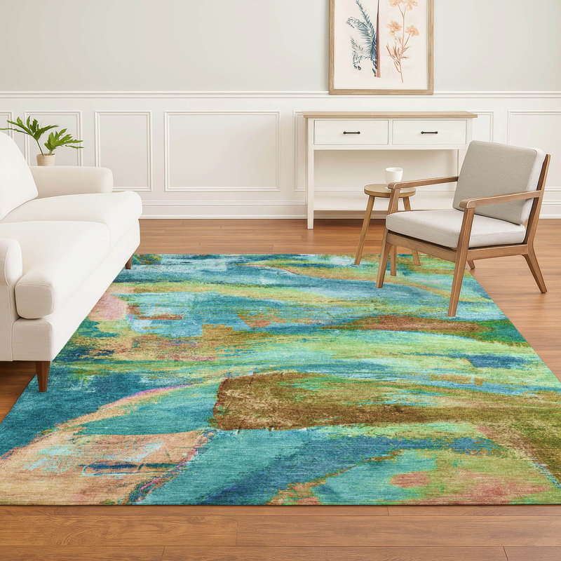 Premium Machine Washable Mayfield AMF2040 Abstract Rug, 9' x 12', Teal