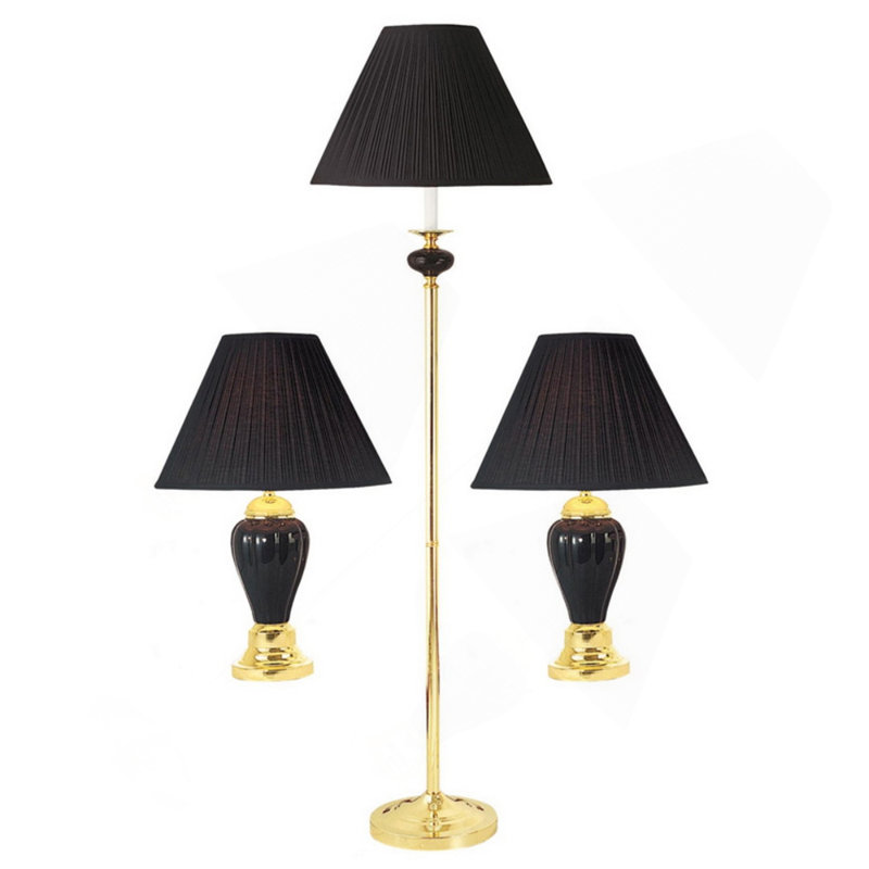 3-Piece Ceramic Lamp Set, Floor And Table Lamps, Black Finish, Black