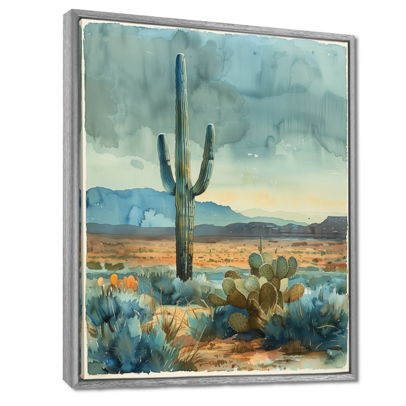 Cactus vert et gris, désert, rêve I - art mural floral cactus, Toile argentée avec cadre flottant