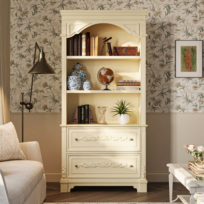 Elegant Display Cabinet With 3 Open Shelves & 2 Carved Drawers