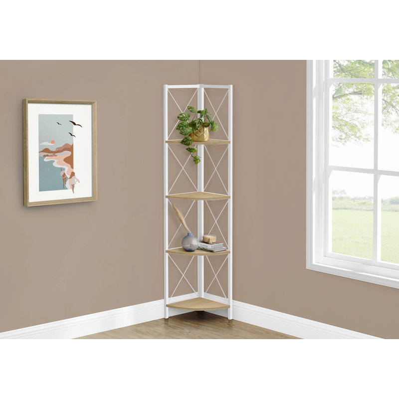 Bibliothèque, bibliothèque, étagère, d'angle, 4 niveaux, H 60 po, bureau, chambre à coucher, métal stratifié naturel, contemporain, moderne