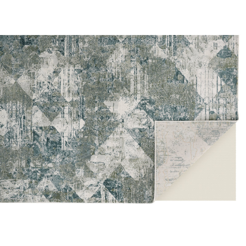 Aybek Geometric Blue/Green/Ivory Area Rug, Rectangle 2' x 3'