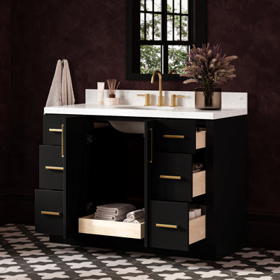   Kayleigh 48 Inch Single Oval Sink Bathroom Vanity with Carrara White Quartz Countertop 1.5 Inch in Black