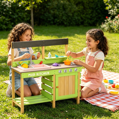 Ensemble de cuisine pour enfants, cuisine de boue en bois avec jouets de cuisine et tablette de rangement