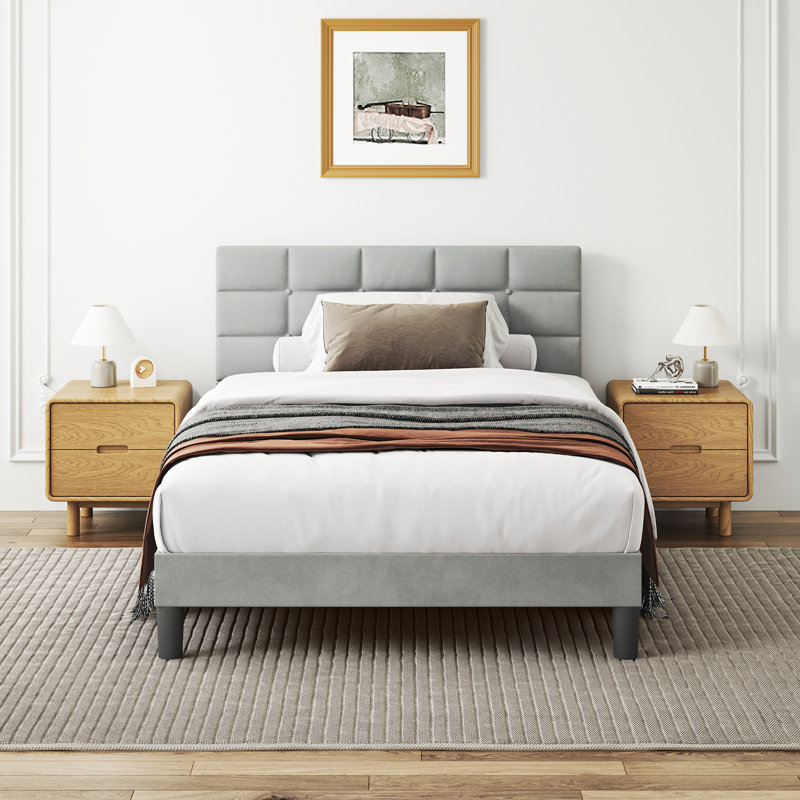 Velvet Upholstered Platform Bed with Headboard, Double (4'6)
