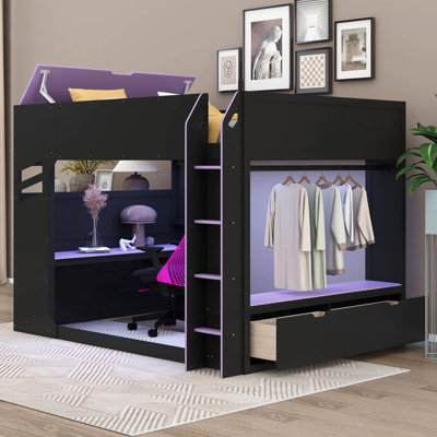 Lit mezzanine en bois avec bureau à hauteur réglable, tiroirs, éclairage RVB, tringle et compartiments de rangement
