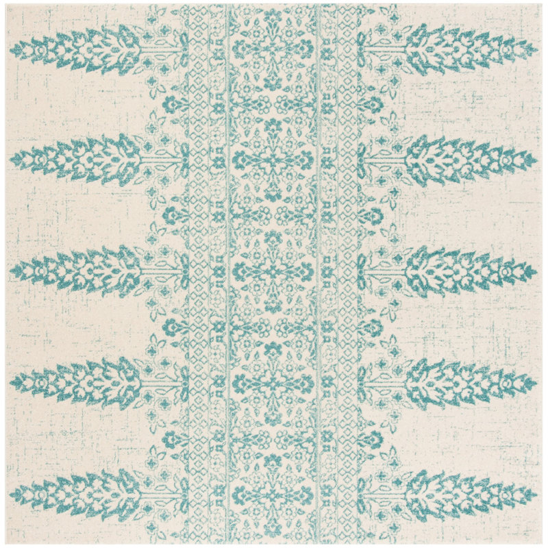 Annette Damask Ivory/Teal Area Rug, Square 6'7"