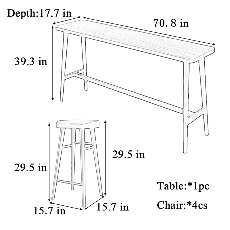 Tables et chaises de bar décontractées en bois massif, 5, H 39,3 po x L 70,8 po x l 17,7 po