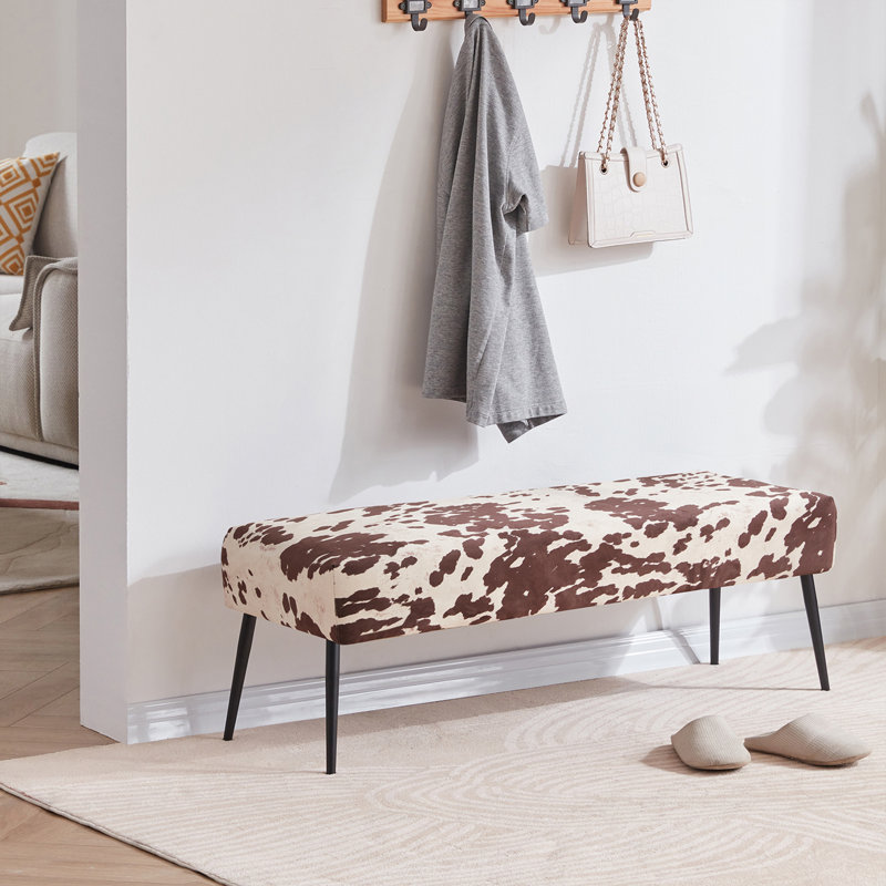 Modern Cowhide Pattern Upholstered Entryway Accent Bench, Coffee