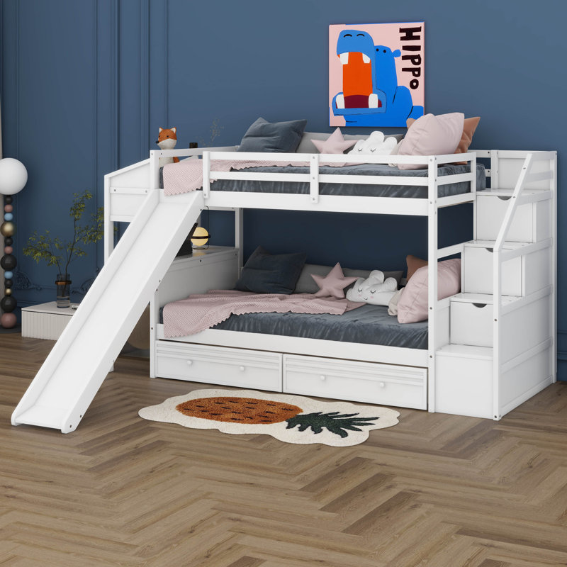 Twin Over Twin Bunk Bed With Stairs, Slide, Desk, Solid Wood Bunk Bed With Storage Drawers And Shelves, For Kids Teens Adults