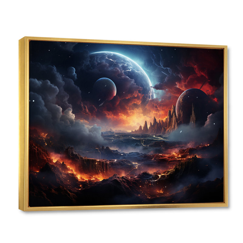 Orange, noir, astronomique, espace, rêves II, H 34 po x l 44 po x P 1,5 po, Cadre flottant doré