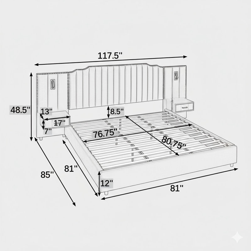 Lit plateforme tapissier très grand en tissu velours, présentant un motif à rayures verticales avec des boutons. Comprend une tête de lit, une structure solide et une table de chevet. Un sommier n'est pas nécessaire. Couleur: bleu foncé.