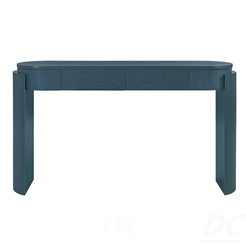 Table d'entrée avec finition grain de bois naturel, console avec conception cannelée, plateau ovale et 2 tiroirs pour l'entrée et le salon (bleu marine), table