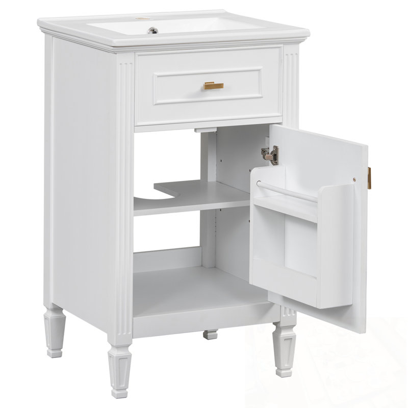 Meuble-lavabo de salle de bain avec lavabo, tablette réglable et tiroir inclinable, Blanc