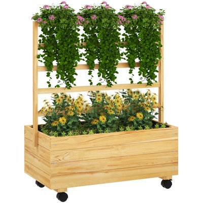 Lit de jardin surélevé avec treillis et roues, jardinière surélevée en bois pour l'extérieur, lit de fleurs surélevé autoportant pour plantes grimpantes, fleurs, herbes et légumes, naturel