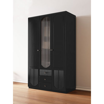 American-Style Retro Rubberwood With Glass Three-Door Drawer Storage Wardrobe