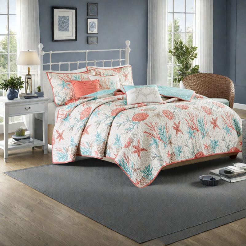 Ensemble de literie en satin de coton de luxe, style bord de mer, pour le décor de la chambre à coucher