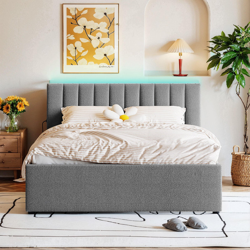 Lit plateforme tapissier grand avec lit gigogne simple Teddy, Gris, Grand