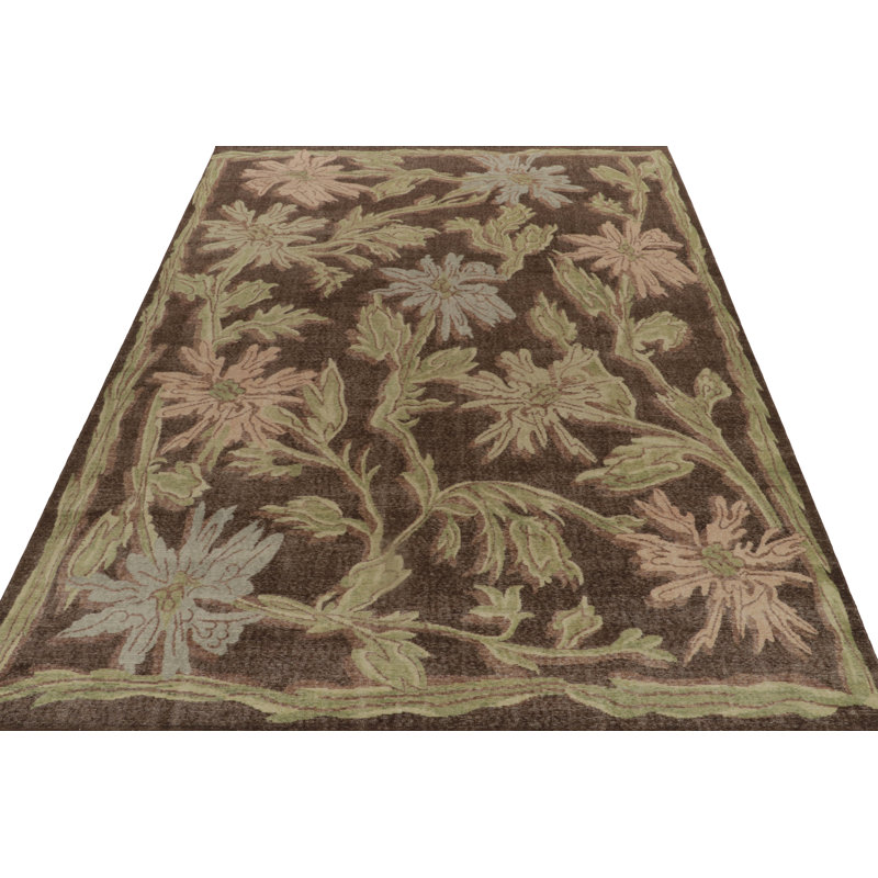 Rug & Kilim’S Distressed Rug In Brown And Green Floral Patterns, Rectangle 9' x 12'