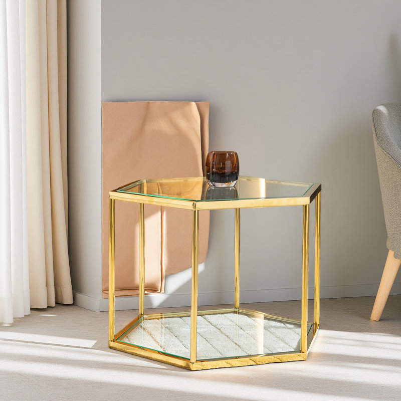 Table d'appoint hexagonale de luxe, plateau en verre trempé transparent avec structure en acier inoxydable doré, table basse décorative pour le salon, la chambre à coucher ou le bureau
