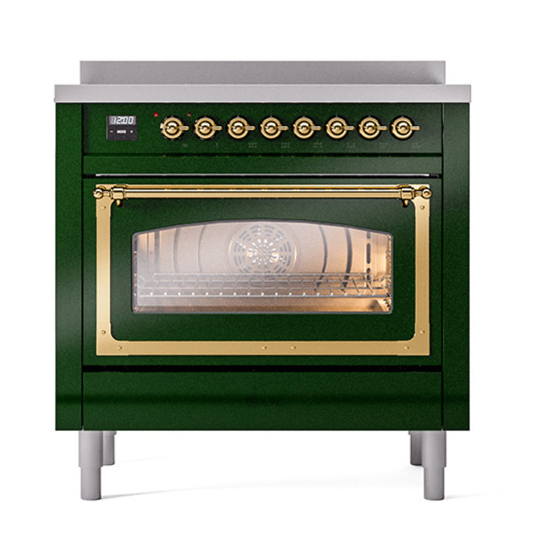 ILVE Nostalgie II Noblesse 36 po à induction, éléments à induction (porte vitrée), Vert émeraude / laiton