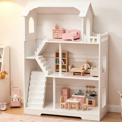 Modern Dollhouse, Kids Book Toy Display Freestanding Bookshelf, 3 Tier Kids Dollhouse For Children Above 3 Years Old Role Playing