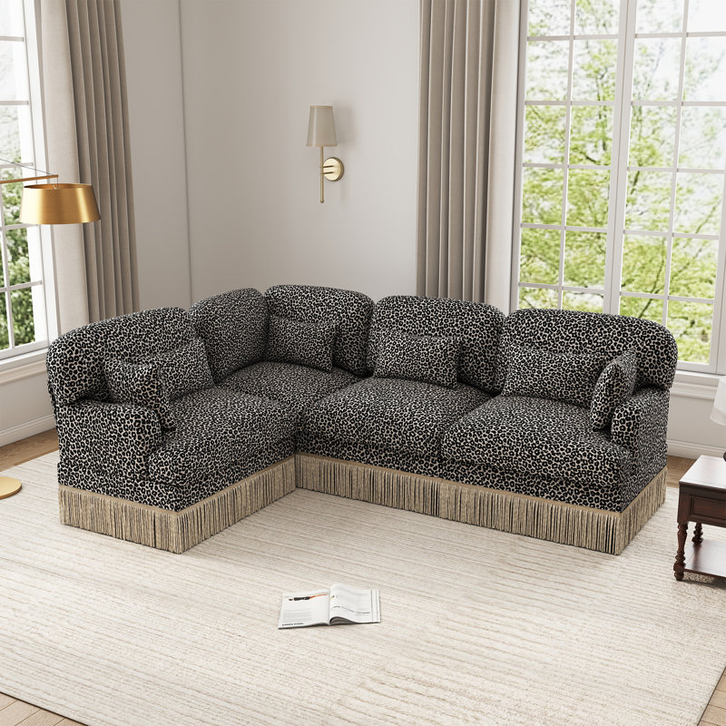 Canapé modulaire en L en chenille à imprimé léopard avec coussins et jupe à pampille, Imprimé léopard kaki noir