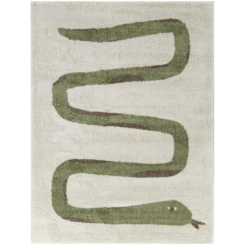 High-pile and Soft Cream and Green Rug with Snake pattern
