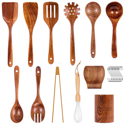 12 Pcs Wooden Cooking Utensil Set, Non-stick Heat Resistant, Environment-friendly