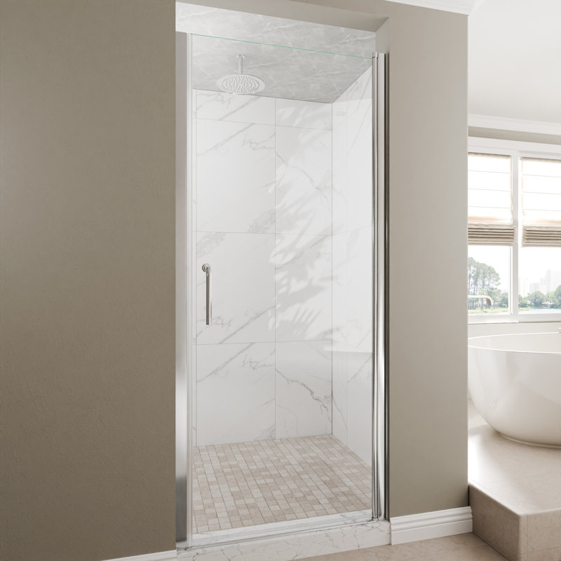 Porte de douche pivotante en verre sans cadre, Chrome, 32"W x 72"H