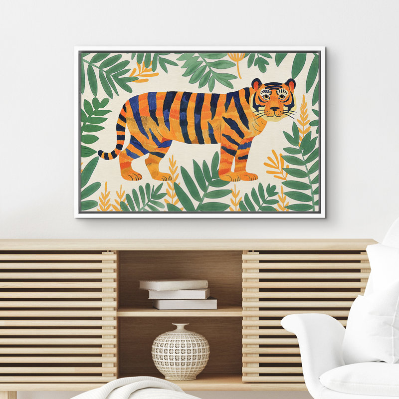 Mignon tigre orange entouré de plantes tropicales, impression sur toile encadrée, Blanc, H 24 po x l 36 po